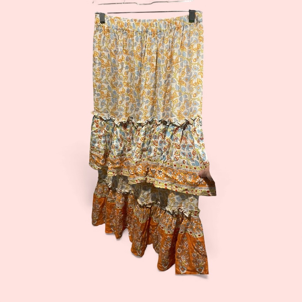 Cute tiered ruffle midi metallic thread boho floral pull on skirt festival fairy